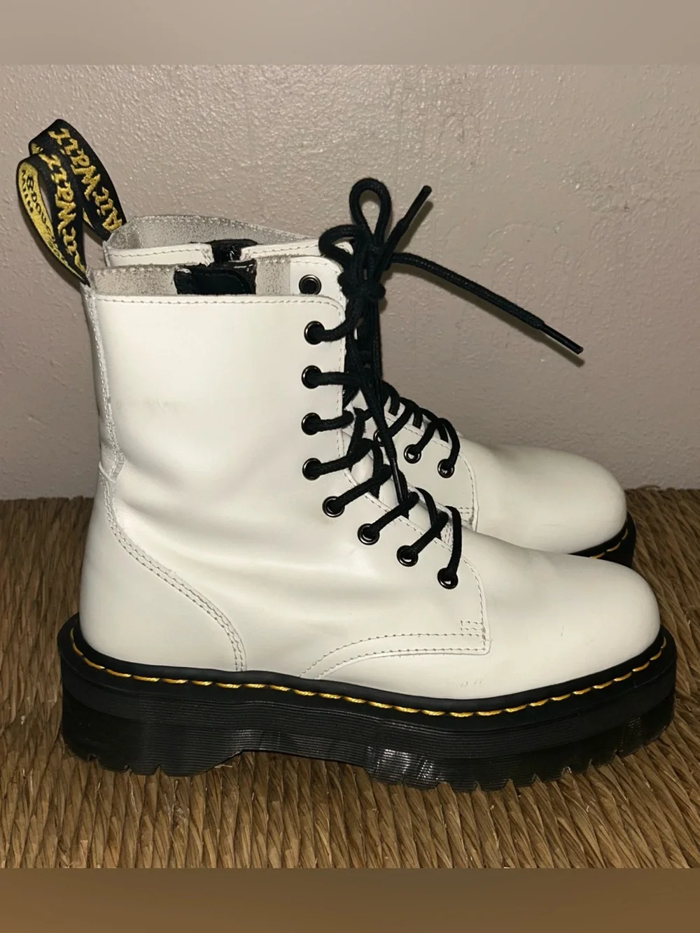 Dr. Martens Jadon White Leather Lace-Up Boots with Black Laces